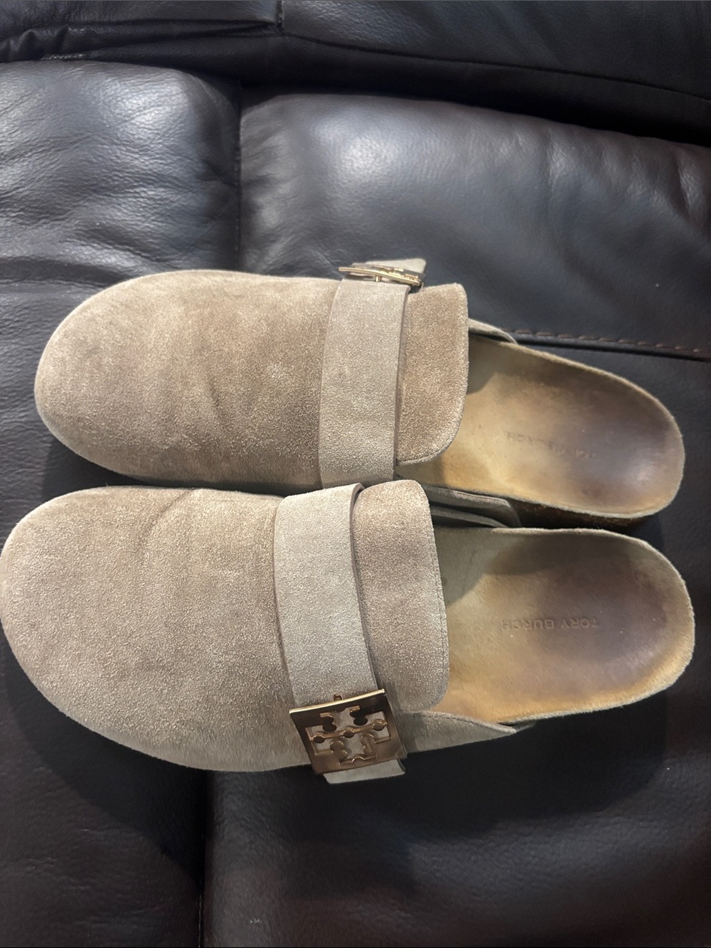 Tory Burch Taupe Suede Slide Mules with Gold Logo Accent - Picture 5 of 10